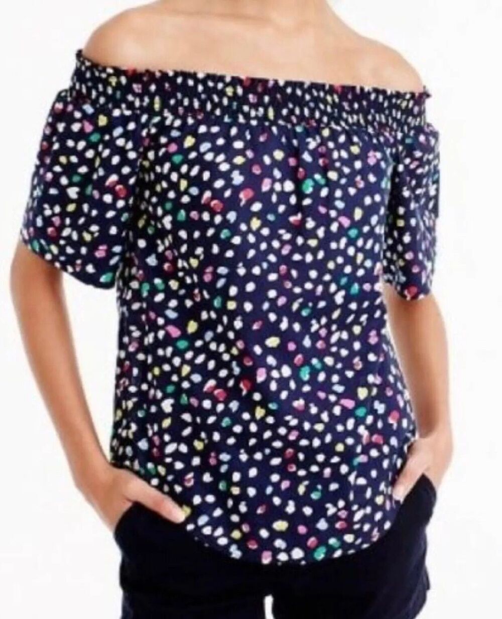 J. Crew Ratti Happy Cat Top Sz 4 Small Elastic Smocked Neck Short Sleeve Cotton